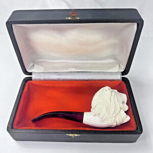Kural Meerschaum Pipe Lion Head Hand Carved Tobacco Pipe w/ Case Collectible